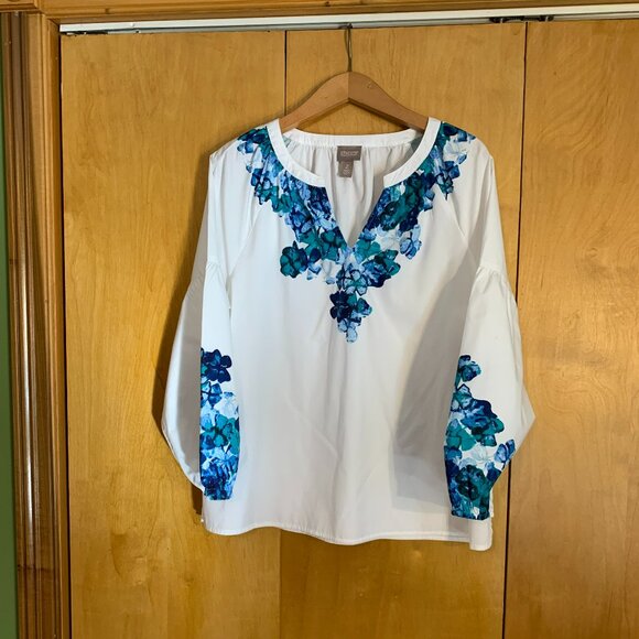 Chico's Tops - Chico's White Cotton peasant top with blue flowers, Large (Chico's size 2)